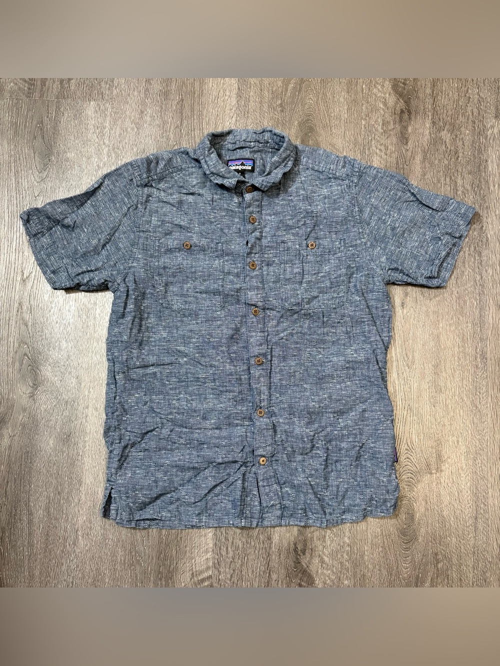 Patagonia Back Step Shirt Mens Medium Blue Hemp Blend Short Sleeve Button Up